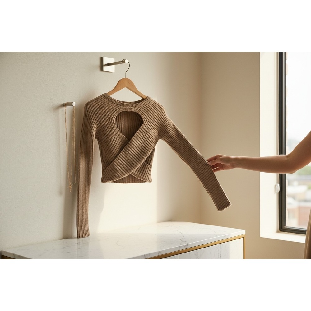 Hollister Beige Ribbed Knit‎ Cutout Sweater Long Sleeve Size S